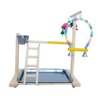 wooden bird perch stand parrot platform playground exercise gym playstand ladder toys with feeder cups stainless steel tray cage