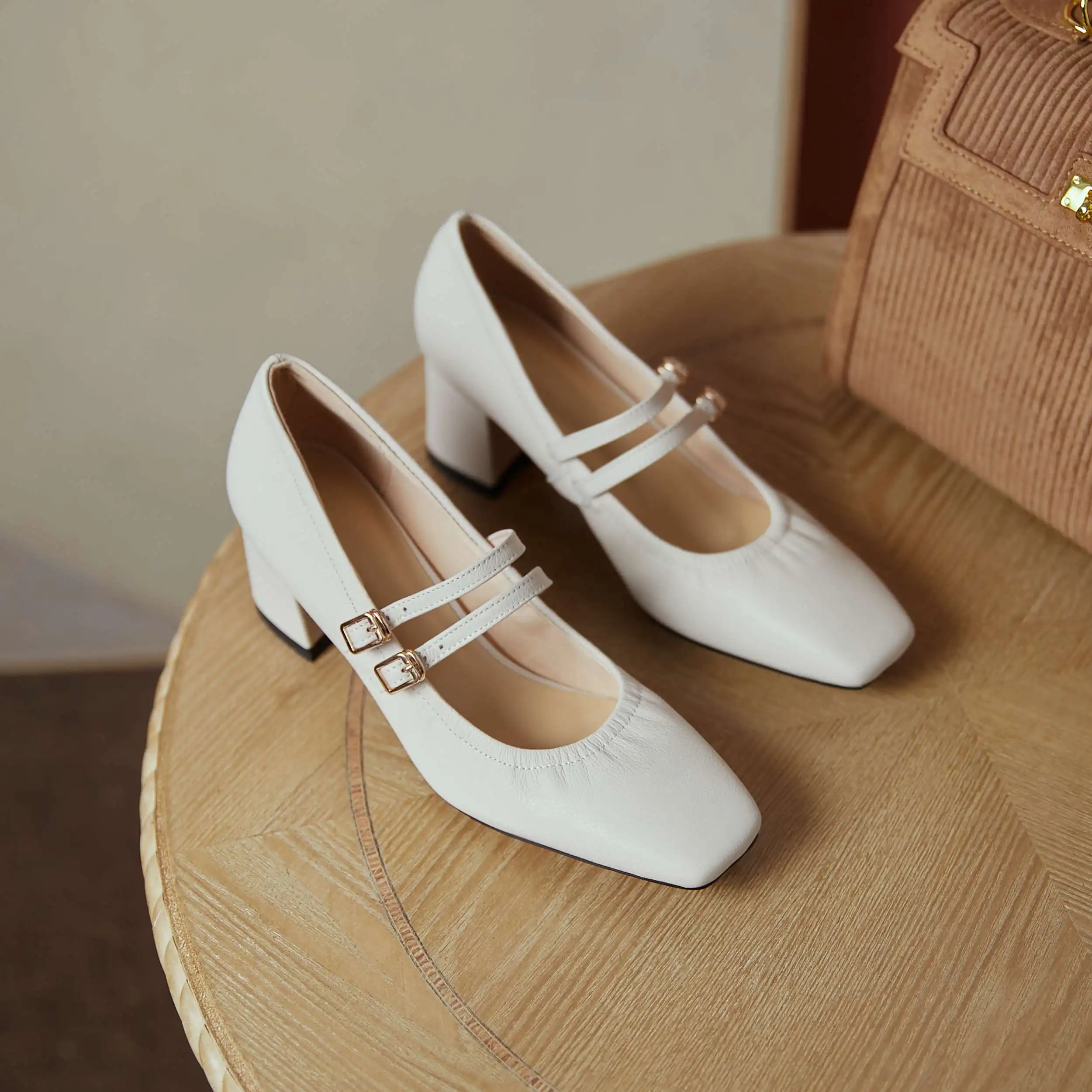 

Krazing pot plus size full grain leather square toe high heels buckle strap young lady daily wear top quality women pumps L88