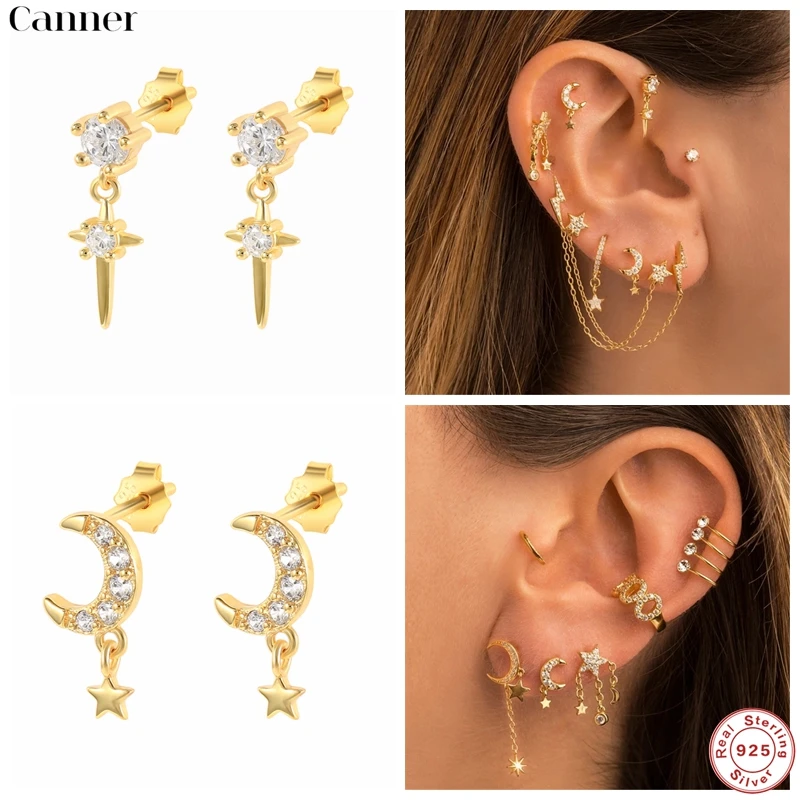 

CANNER 925 Sterling Silver Simple Cross Moon Star Rhinestone Stud Earrings For Women Shine Tassel Piercing Earring Party Jewelry