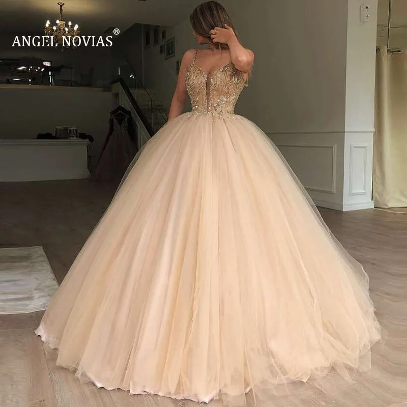 Длинное бальное платье цвета шампанского платья для выпускного вечера 2019