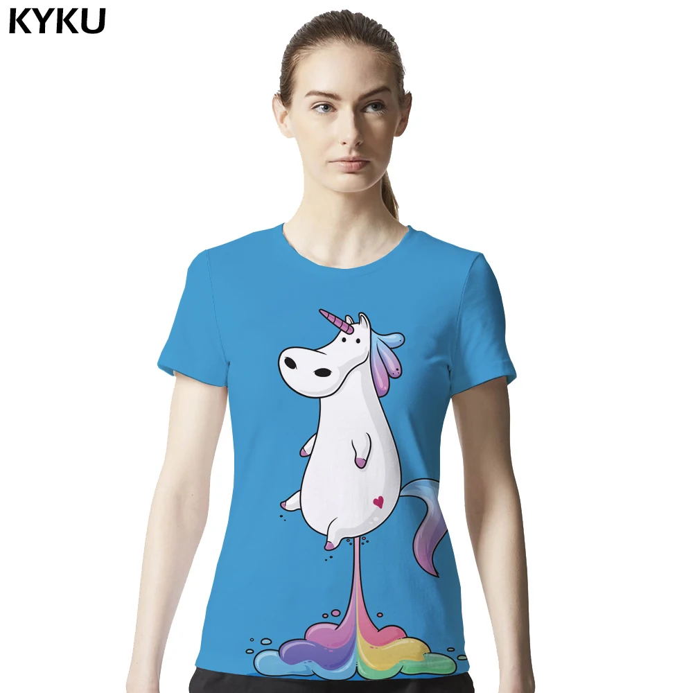 Женская футболка с единорогом KYKU синяя коротким рукавом и 3d принтом летняя одежда в стиле хип хоп|Футболки| |