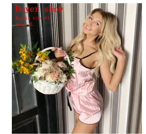 Женский пижамный комплект из 7 предметов розовый в полоску искусственного шелка