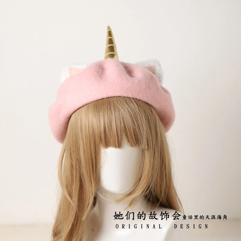 Kawaii кошачьи уши Единорог плоский берет шапка Mori Girl Женская осень зима сладкий