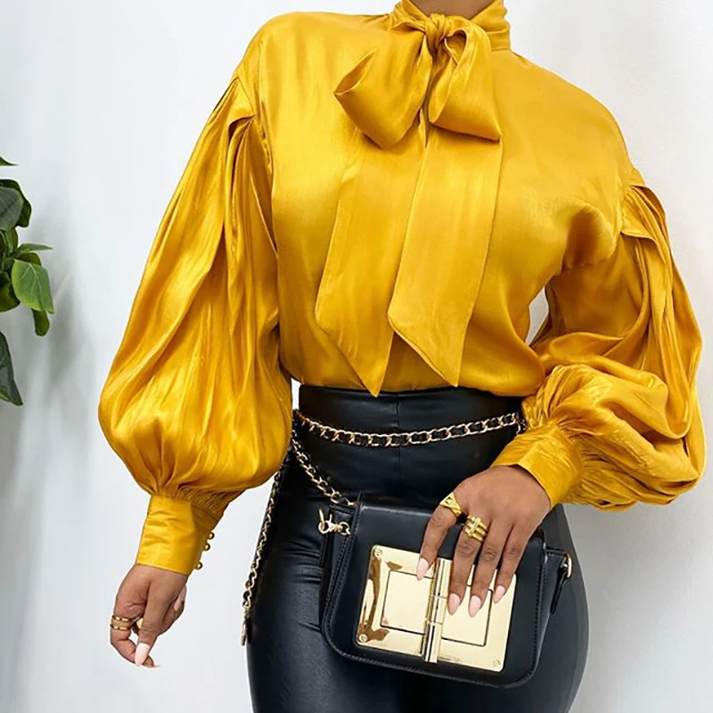 

Fashion Spring Autumn Red Shirts Women Tshirt Lantern Bow Shirt Pullover Women Casual Solid Office Shirts Tops Women