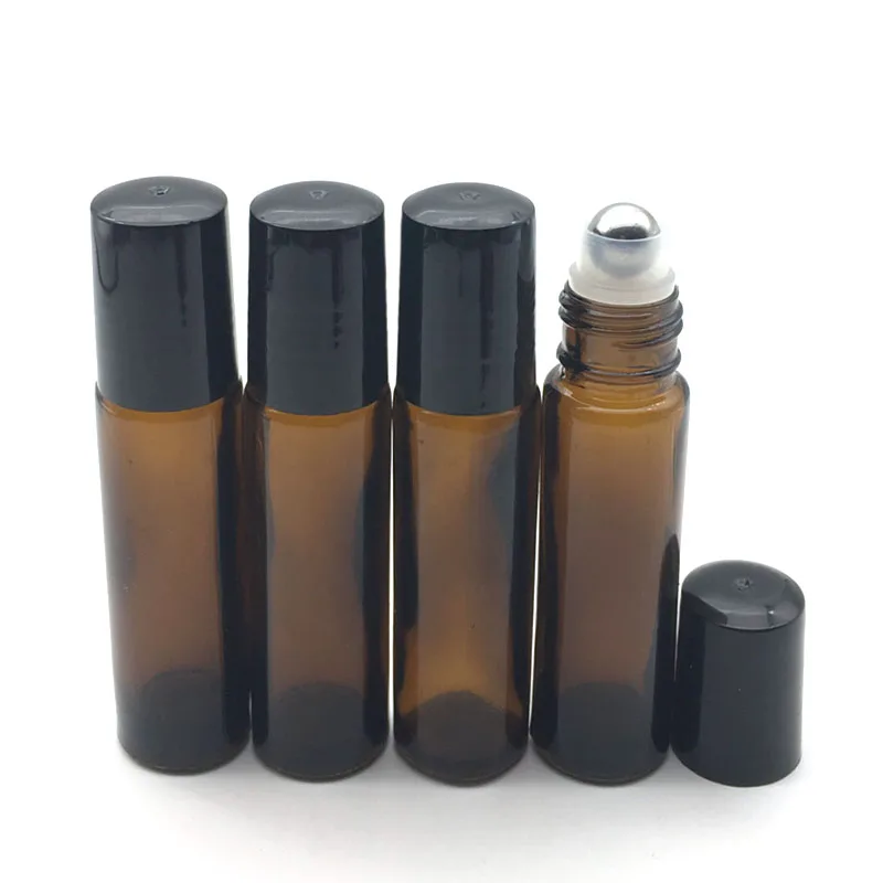 Essential Oil 10ml Amber Roller Glass Vial Perfume Sample Bottle Roll-On Black Plastic Cap Empty Jar 5pcs | Красота и здоровье