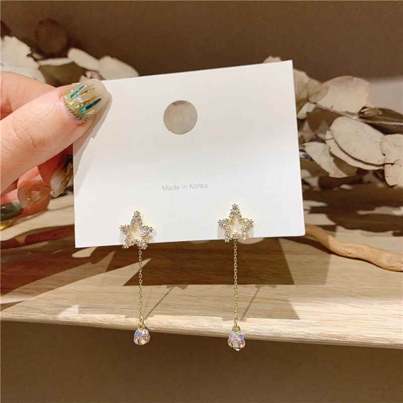 

Painted diamond exquisite five-pointed star tassel earrings net red fashion simple earrings