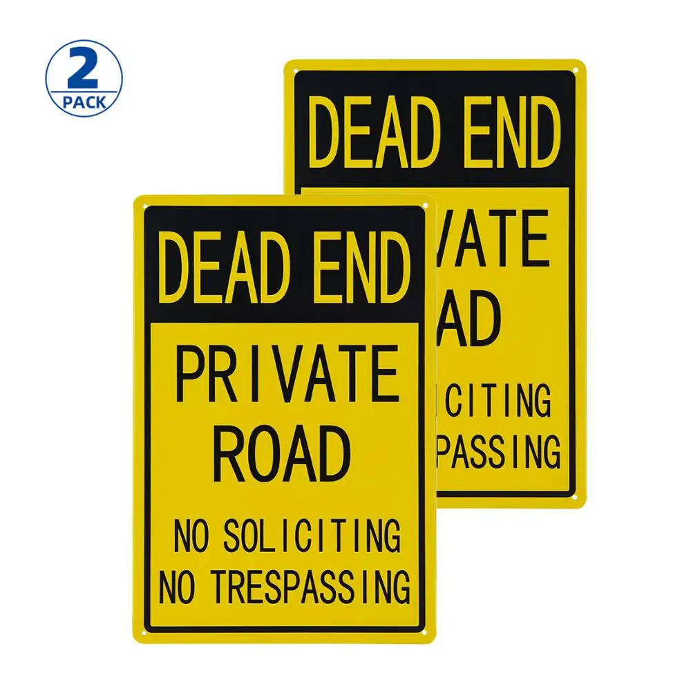 

DL-2 Pack Vintage Tin Sign, Legend "Dead End Private Road No Trespassing", 12" high x 8" wide, Black on Yellow