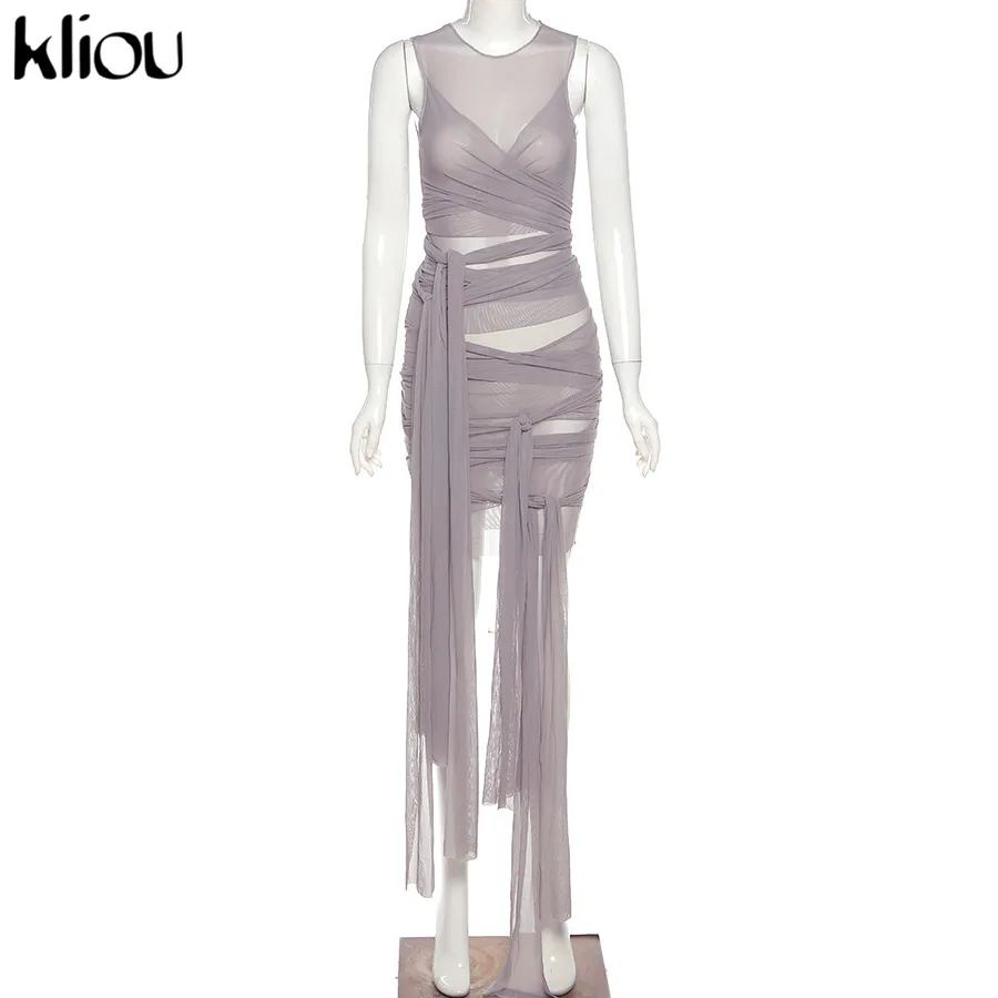 Kliou Ribbons Mesh See Through Bodycon Party Dresses Women Sexy Clubwear Mini Dress Solid Sleeveless Basic Female платье Outfits