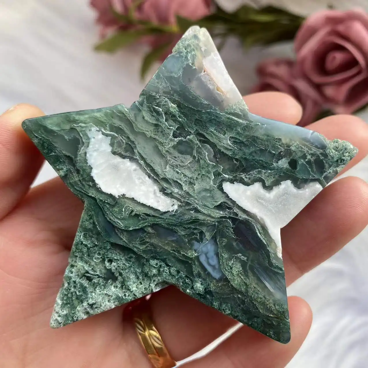 

Natural moss agate crystal quartz energy gem star Reiki healing gift room decoration 80-110g