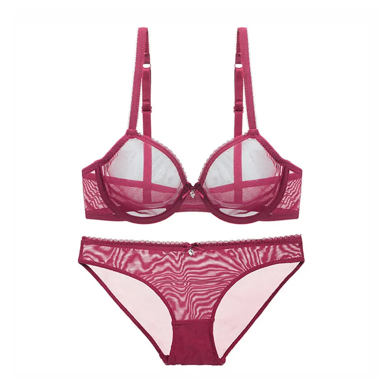 wine red Varsbaby, ультра-тонкий комплект нижнего белья, без подкладки, сетка, кружево, сексуальный комплект нижнего белья, прозрачный, дышащий, регулируемый бюстгальтер, наборы - Цвет: wine red
