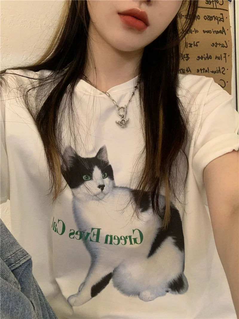 

Big Cat Print Women White T Shirt Short Sleeve Women Loose Tee Shirt Tops