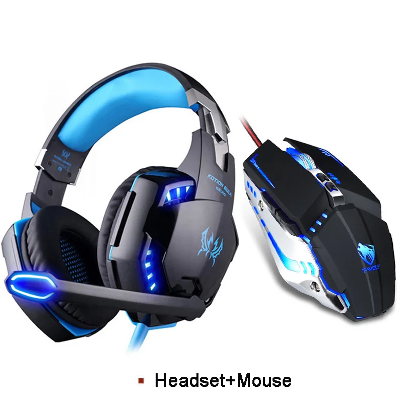 Headset and Mouse Kotion EACH G2000 игровая гарнитура глубокий бас стерео игровые наушники с микрофоном светодиодный светильник для ПК ноутбука+ игровая мышь+ коврик для мыши - Цвет: Headset and Mouse