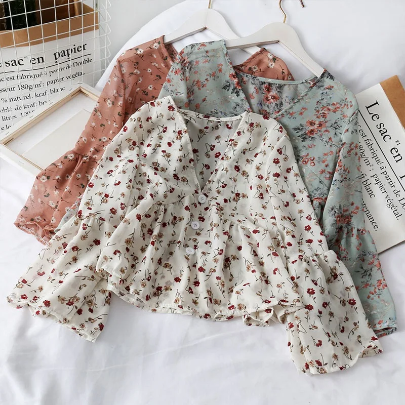 

Women's V Neck Floral Print Blouses Sweet Fresh Long Sleeves Chiffon Shirt Tops Female Crop Top Ladies Shirt
