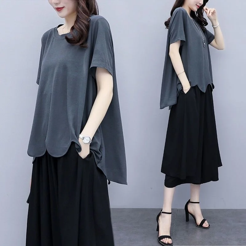 

Loose Plus Size Clothing Women's Suit 2021 Summer New Fashion Korean Style Wide Leg Pants Shorts And Top Two Piece Set For Women