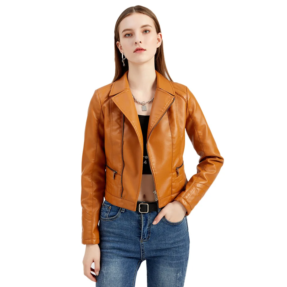 

2021 New Women PU Short Leather Jacket Women Fashion Lapel Spring and Autumn Coat
