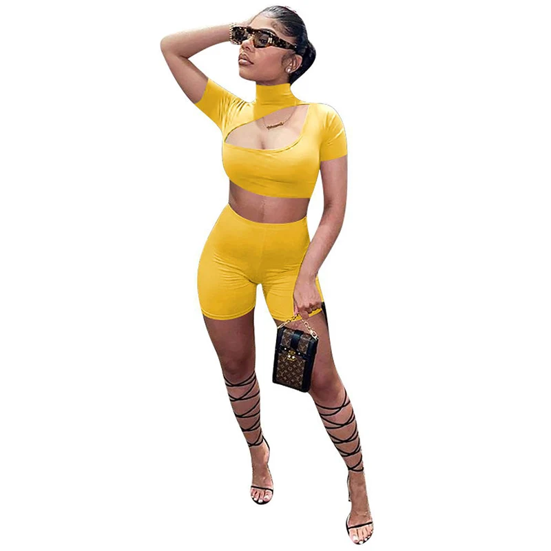 

Fashion Women Set Front Hollow Out Stand Collar Zipper Crop Top + Pants Sport Suit tracksuit clothes for women solid 6 color