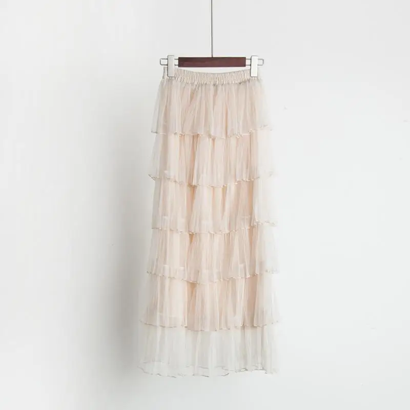 

Sweet High Waist Layers Ruffles Cake Skirts Women Fashion Ruffles Long A-line Mesh Skirts Women Maix Pink Mesh Skirts