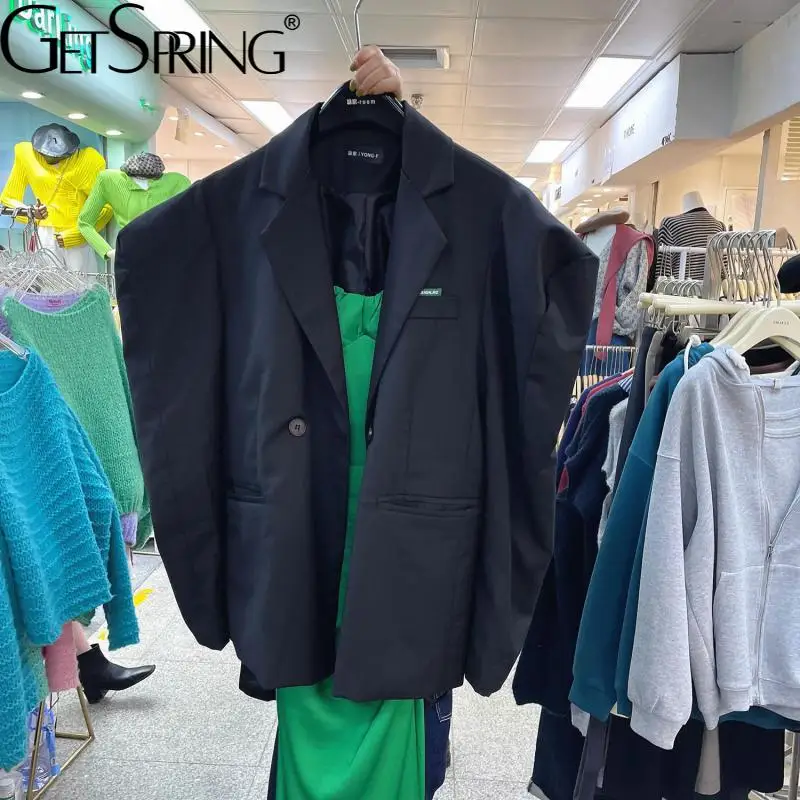 

GetSpring Women Blazer Garment Horn Sleeve Single Button Suit Coat Fashion Loose Casual Ladies Jacket Autumn 2021 Female Top New