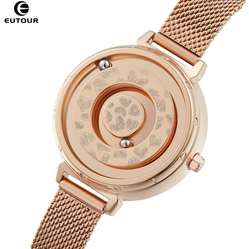 Золотые женские часы EUTOUR E032 с магнитным шариком кварцевые Роскошные наручные