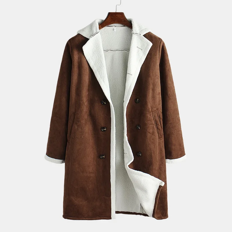 

KALNEMOS Men's Warm Suede Jacket Coat Male Winter Wool Fleece Long Trench Coat Lapel Outerwear Men Fur Fleece Blends Windbreaker