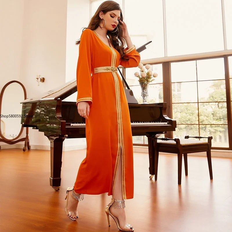 Rhinestones Party Dress Moroccan Kaftan Fashion Women Slit Golden Trimmed Long Sleeve Muslim Eid Abaya Night Gown Saudi Dubai