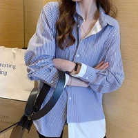 blue black shirt women korean clothes long sleeve shirts striped womens blouse loose ladies top patchwork blouses soft apparel