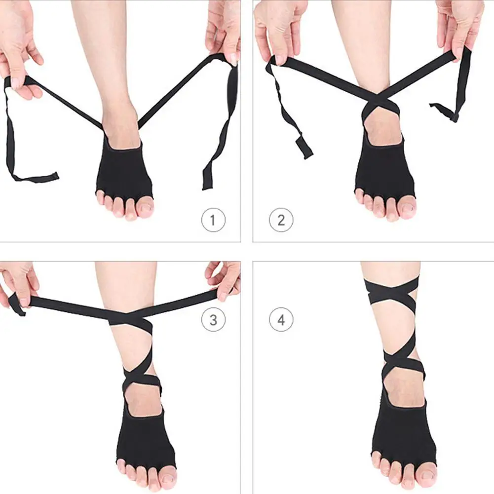 

Black Women Yoga Backless Five Toe Anti-Slip Ankle Grip Socks Dots Pilates Fitness Gym Socks Ladies Sports Socks Lace-Up Socks