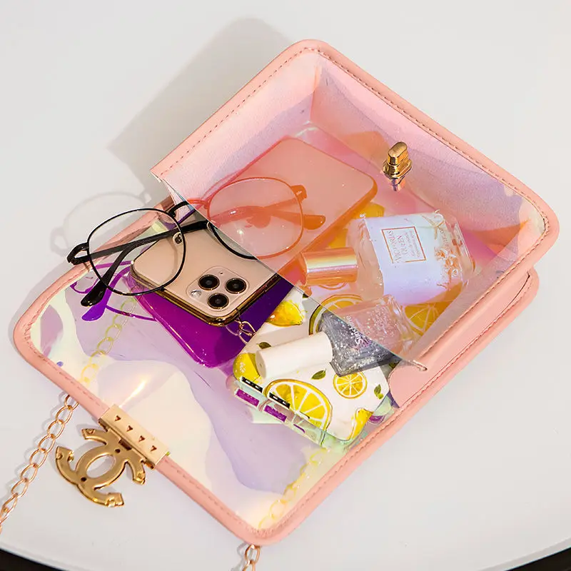 

Holo Cute Mini Transparent Bag Clear Summer Small Women Handbags And Purse PVC Jelly Sweet Chain Holographic Messenger Bag 2020