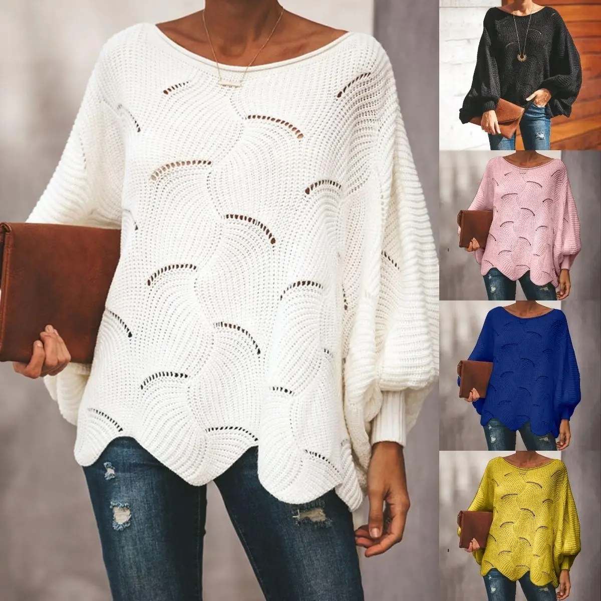 

Женский свободный свитер, накидка, повседневный мягкий пуловер с рукавами-фонариками, вязаный, с круглым вырезом, однотонный, волновой подо...