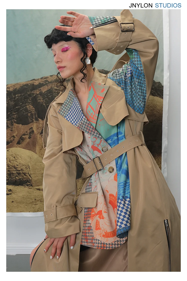 DEAT Autumn And Winte Turn-down Collar Patchwork Printed Maps Batwing Sleeves Waist Belt Female Trench Coat Loose WJ27004L