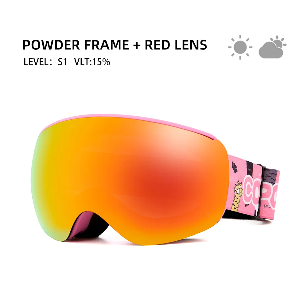 pink frame red lens Магнитные Детские лыжные очки для детей UV400, противотуманные маски, очки для катания на лыжах для девочек и мальчиков, очки для сноуборда с персонализированными ремешками - Цвет: pink frame red lens