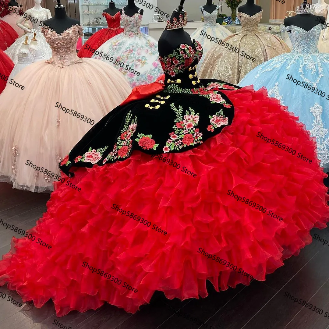 Black Red Princess Quinceanera Dresses 2025 Velvet Embroidery Lace-up Corset Gothic Ruffles Tiered Masquerade Party Gowns