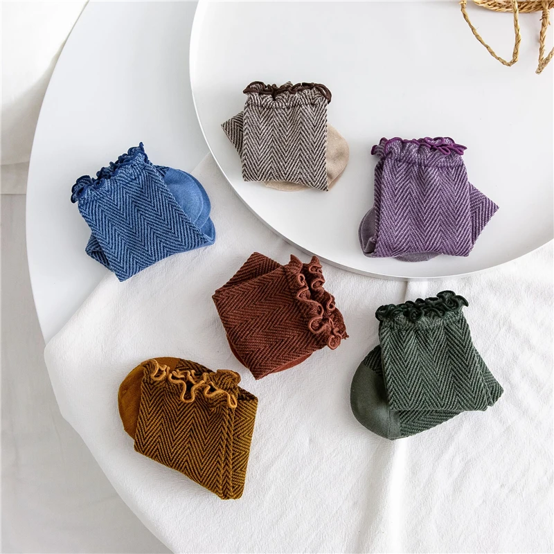 

Женские хлопковые носки с оборками и оборками, однотонные кружевные носки в полоску Harajuku, дышащие носки в стиле ретро, милые носки в стиле ре...