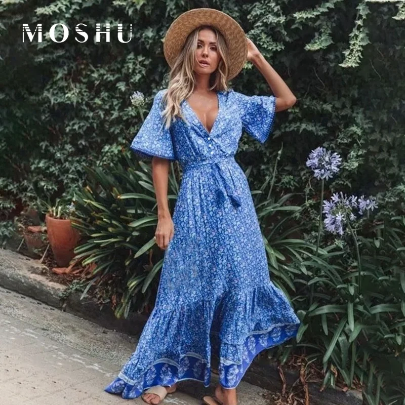 

Женское длинное платье-макси с цветочным принтом, V-образным вырезом и коротким рукавом