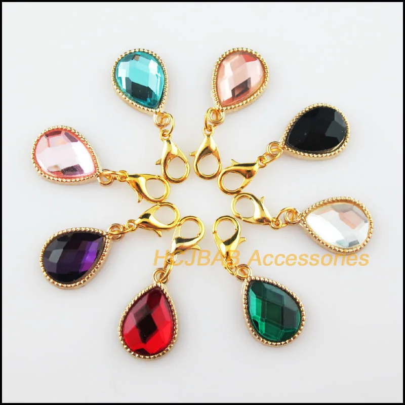 

8 New Teardrop Charms Crystal Mixed Gold Color With Lobster Claw Clasps Pendants