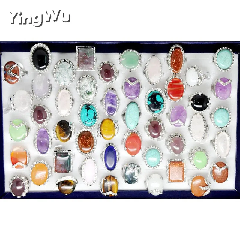 

Yingwu 5Pcs/lot Silver Plated Big Natural Stone Rings For Women Girl Gifts Mixed Finger Rings Wedding Jewelry Wholesale