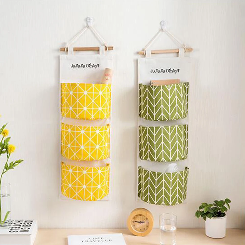 Минималистичная подвесная сумка для хранения из хлопка и льна 3 кармана