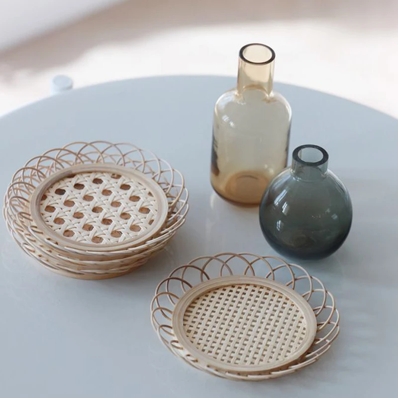 

Rattan Placemat Cup Holder Vintage Drink Coasters Tischset Floret Shape Tea Pot Placemats Korean Style Home Dining Table Decor