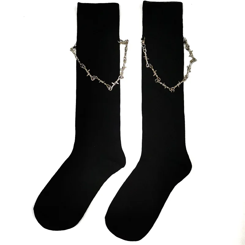 

Streetwear Stockings Women Knee High Socks with Chain Gurnge Gothic Punk Rock High Street Socks for Students Girls Black White