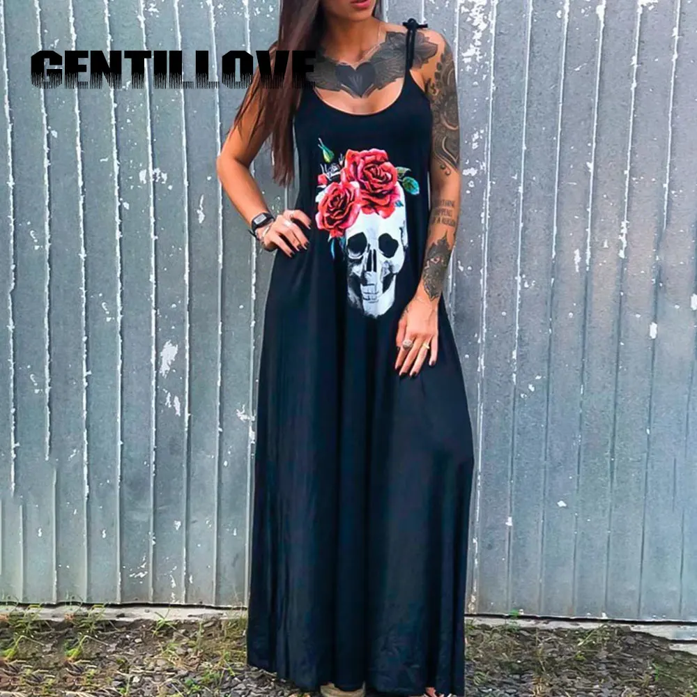 

2021 Casual Punk Loose Women Dress Skull Print Short Sleeve Black Female Robe Streetwear Side High Split Flower Ladies Skirt