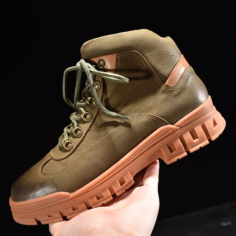 

Wool Snow Boots Men Winter Warm Height Increased High Top Cotton Shoes Mens Lace Up Vintage Natural Leather Safety Ankle Boots