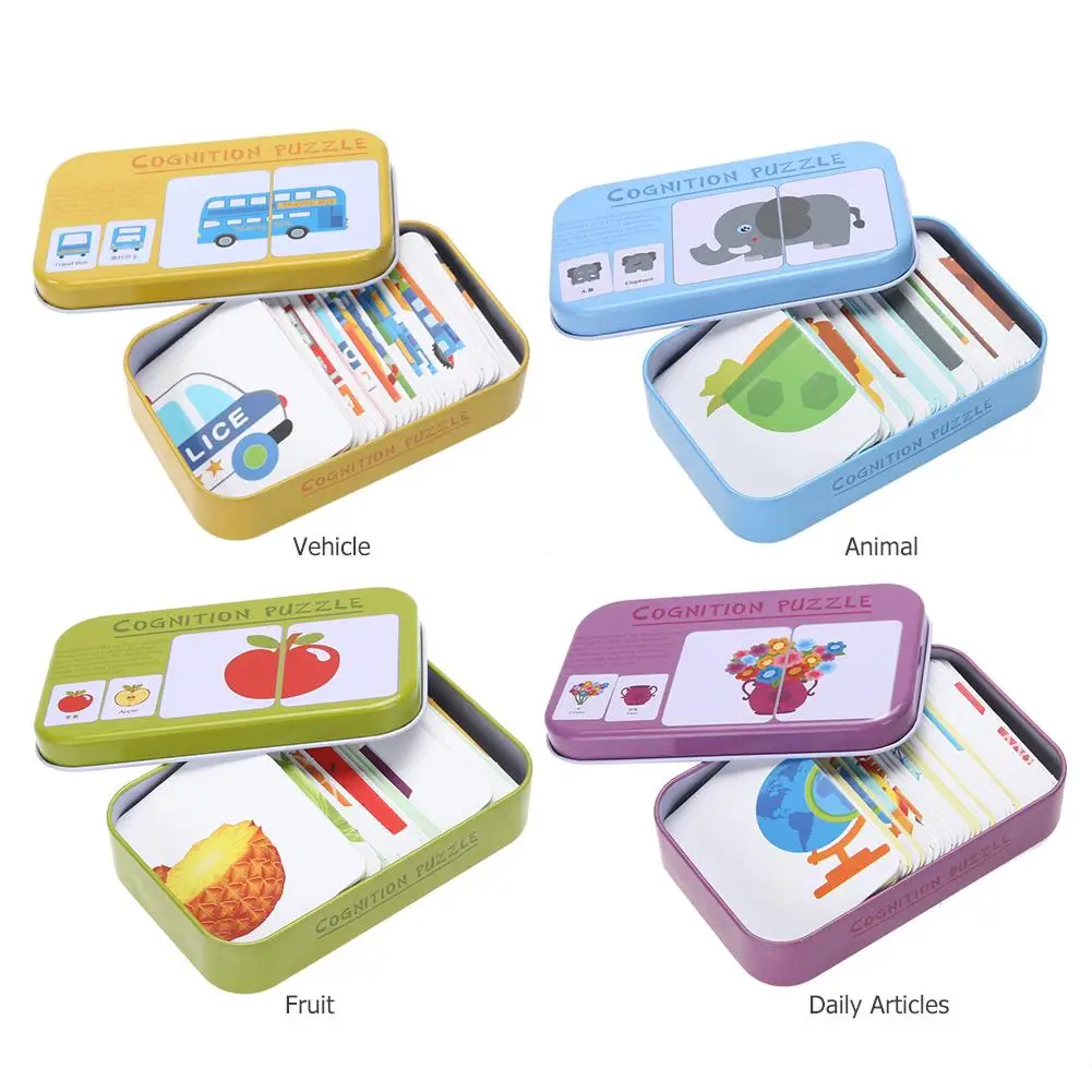 

Baby Cognition Puzzle Toys Todder Kids Iron Box Card Matching Game Education Learning Cognitive Card Vehicl Fruit Animal Puzzles