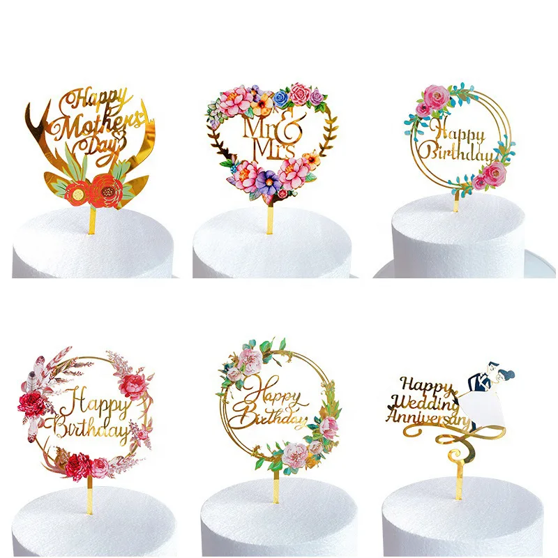 

new Colored flowers Happy Birthday Cake Topper Golden Acrylic Birthday party Dessert decoration for Baby shower Baking supplies