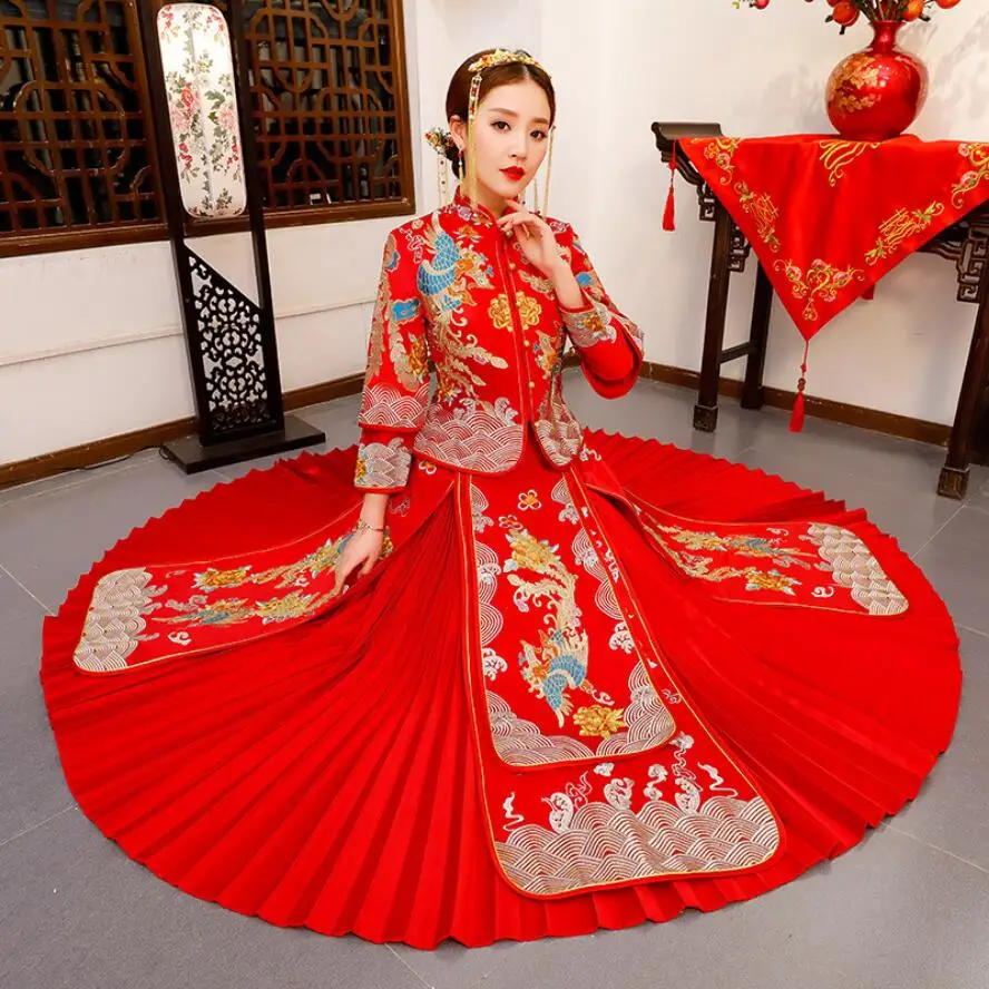

Chinese Wedding Bride Cheongsam Traditional Marry Evening Dress Dragon Phoenix Embroidery Gown Qipao Chinese Wedding Dress