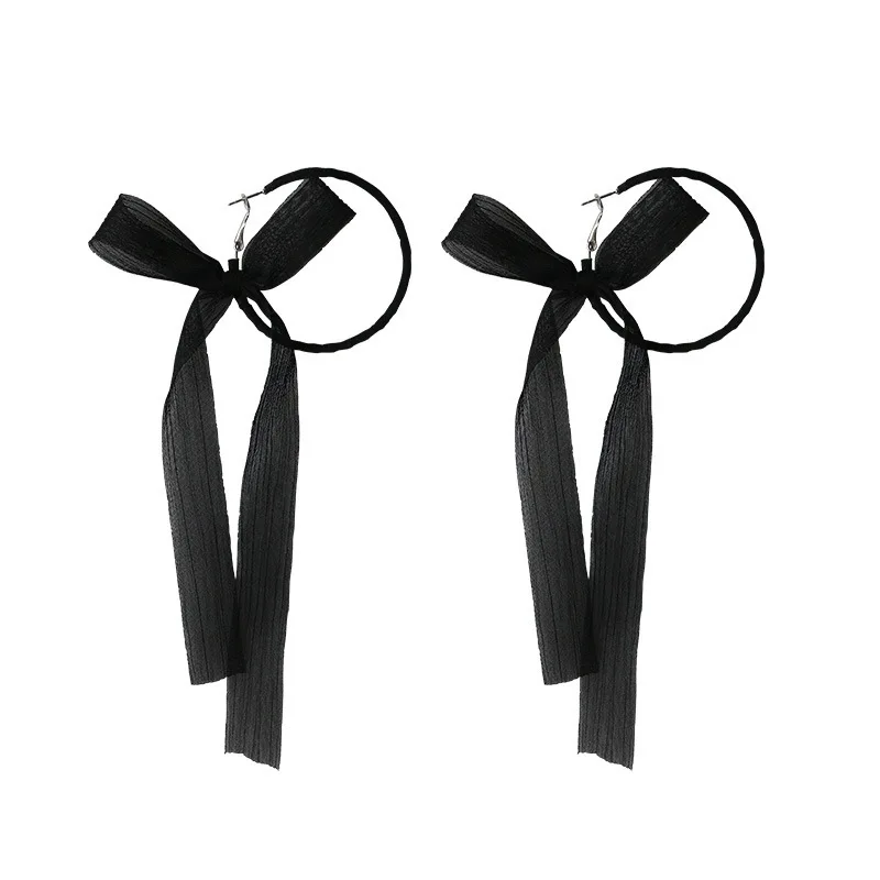 

LOVOACC Trendy Black White Color Lace Bow-knot Hoop Earring for Women Delicate Long Ribbon Earring Party Jewelry Pendientes