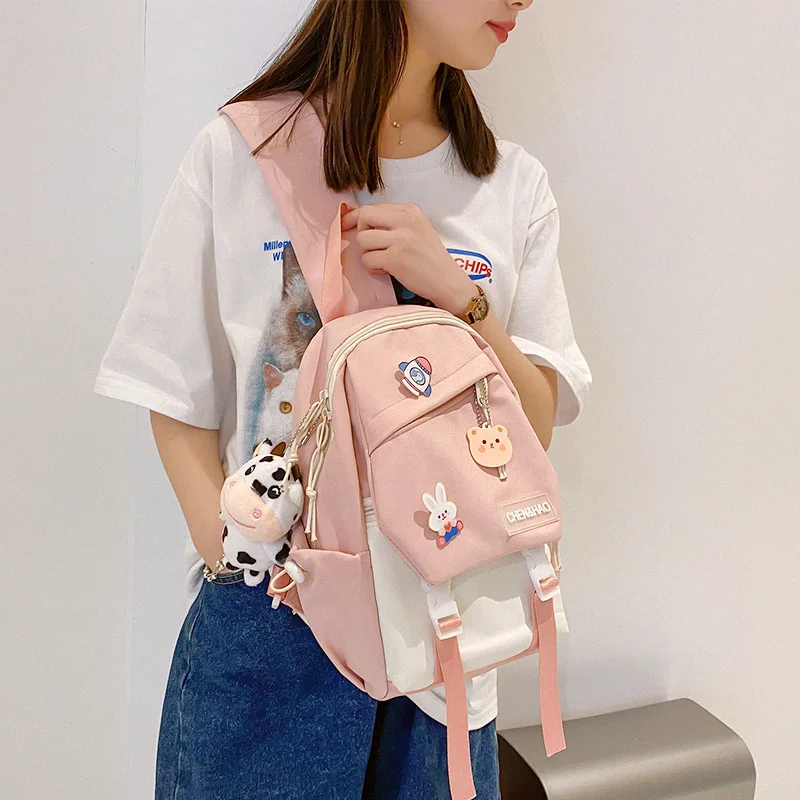 

Cute Contrasting Color Badge Small Backpack Women's messenger bag One-shoulder nylon cloth chest bag Multifunctional backpack