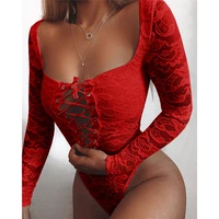 2021 white hollow out lace bodysuit women spring autumn clothes long sleeve see through sexy criss cross jumpsuit romper female