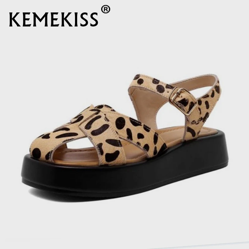 

KemeKiss Real Leather Women Fashion Sandals Buckle Strap Thick Bottom Platform Leopard Summer Outdoor Ladies Footwear Size 34-39