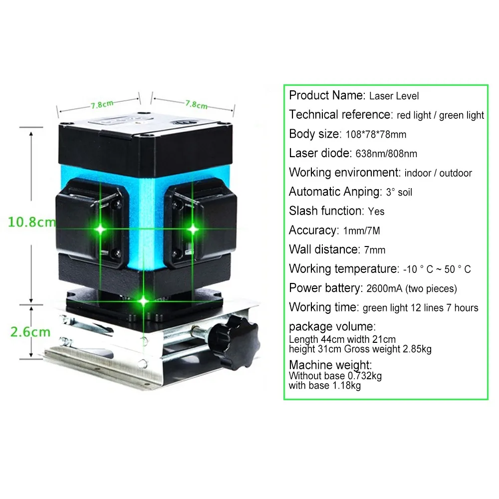 Лазерный 3D уровень 12 линий зеленый лазер с подъемным столом Треногой верхней