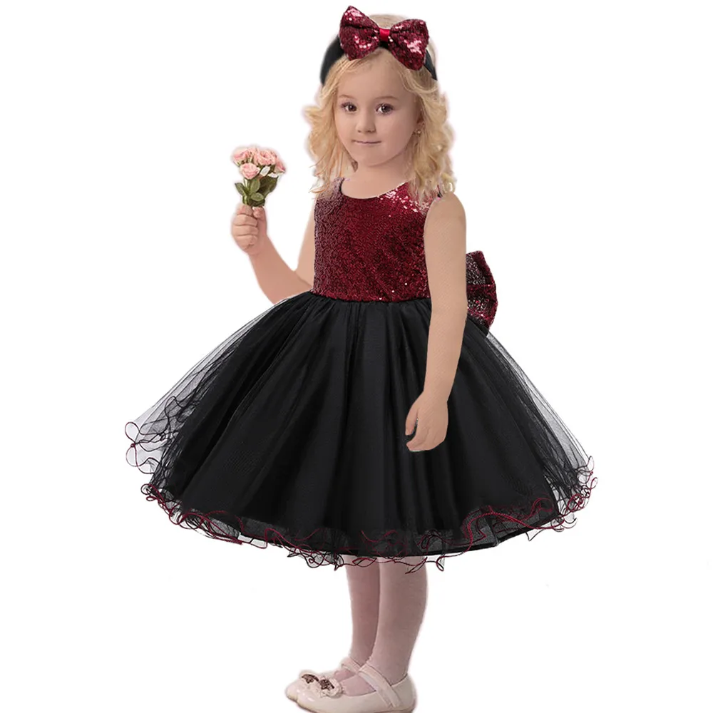 

Hot Salling 2021 New Kids Dresses for Girls Knee-Length Mesh Evening Dresses 2-6 Years Christmas Girl Party Dress With Bow 7635